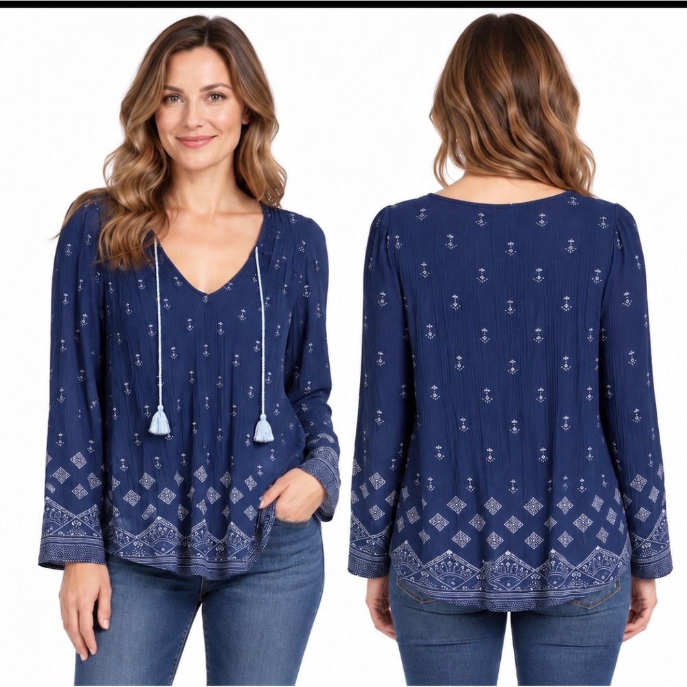 Lucky Brand Medium Navy Blue Boho Peasant Ribbed Top Tassel V-Neck